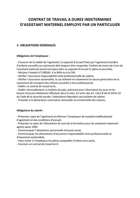 Contrat De Travail A Duree Indeterminee Dassistant Maternel DOC PDF