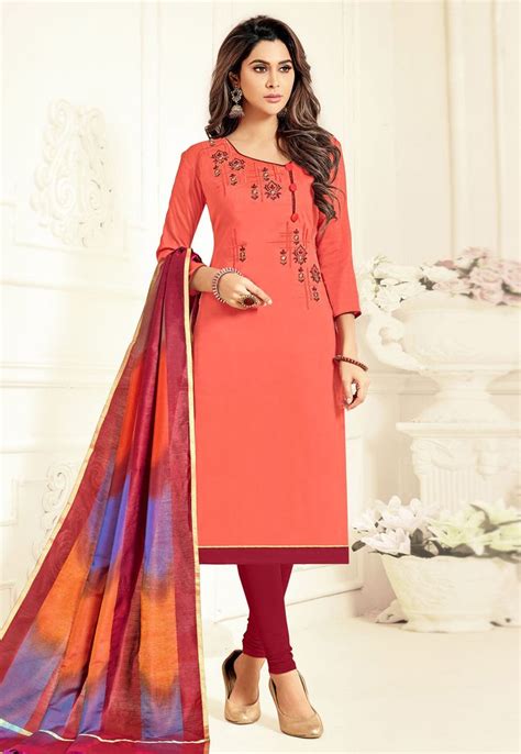 Peach Cotton Churidar Salwar Kameez