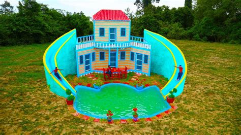 100 Days Build A Mud Tiny House Swimming Pool Twin Water Slide