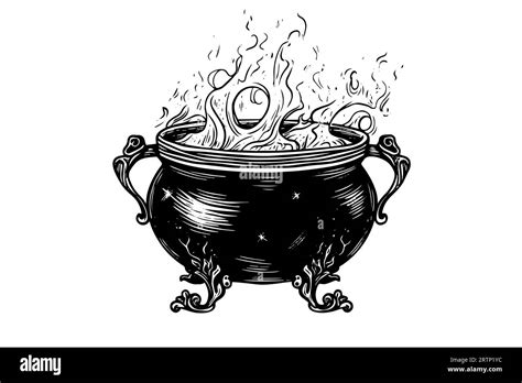 Boiling Witch S Cauldron Hand Drawn Ink Sketch Engraving Style Vector