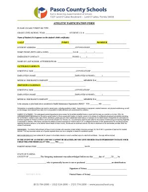 Fillable Online Athletic Participation Form Pasco K Fl Us Fax Email