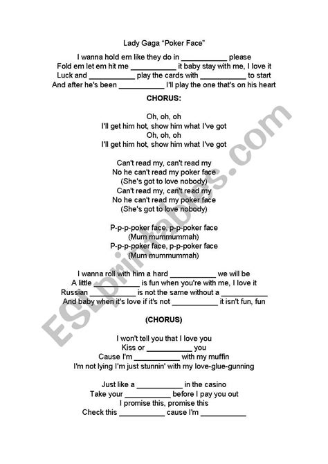 poker face lyrics gaps lady gaga - ESL worksheet by sesylwia