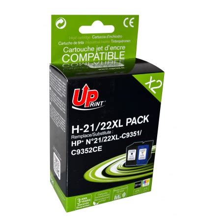 UPRINT PACK 2 CARTOUCHES REMANUFACTUREES HP 21 22XL REMPLACE C9351AE