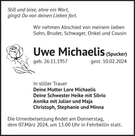 Traueranzeigen Von Uwe Michaelis M Rkische Onlinezeitung Trauerportal