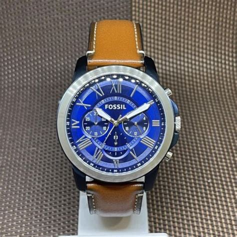 Fossil Fs Grant Chronograph Blue Dial Brown Leather Strap Analog