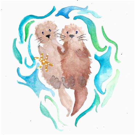 Cute Sea Otters Holding Hands Watercolor X Art Prints