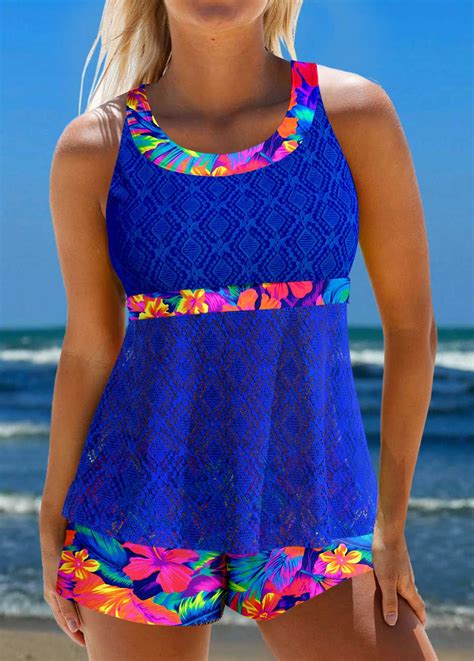 ROTITA Plus Size Lace Floral Print Royal Blue Tankini Set Rotita