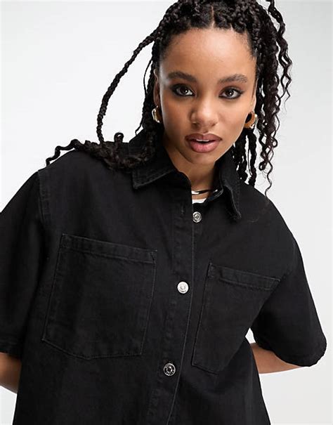 Asos Design Denim Longline Shirt In Washed Black Asos