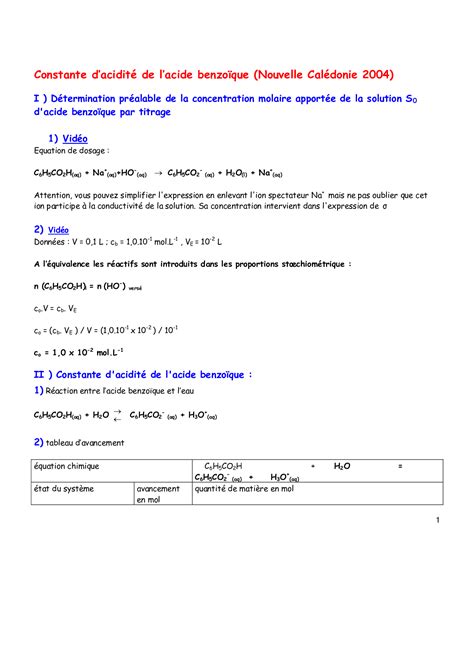 Constante Dacidité De Lacide Benzoïque Corrigé Alloschool