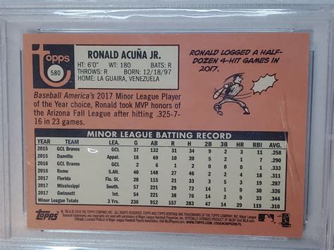 Ronald Acuna Jr PSA 10 Gem Mint 2018 Topps Heritage Rookie 580 RC