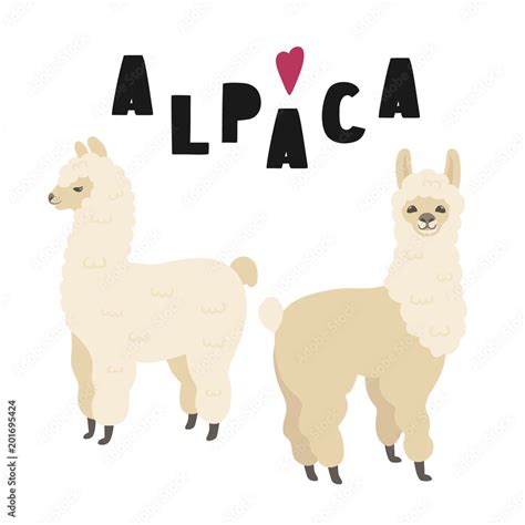 Two cute alpacas illustration with lettering, isolated on white background. Vector clipart ...