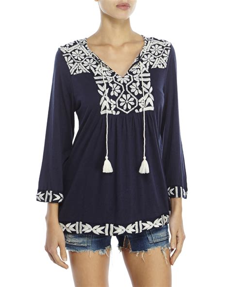 Lyst Lucky Brand Navy Embroidered Peasant Top In Blue