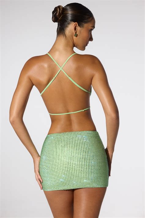 Rocco Embellished Cowl Neck Open Back Crop Top In Sage Green Oh Polly