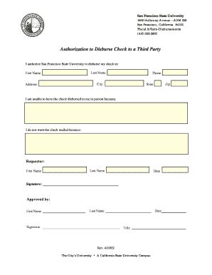 Fillable Online Fiscaff Sfsu Authorization To Disburse Check To A Third