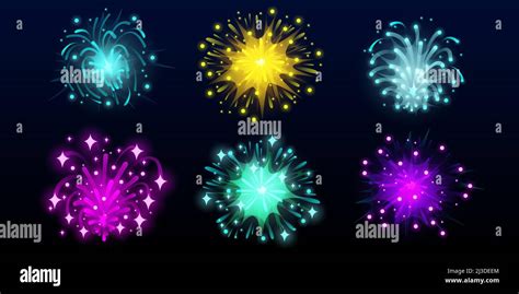 Carnival fireworks in night sky. Bright explosions of festive rockets ...