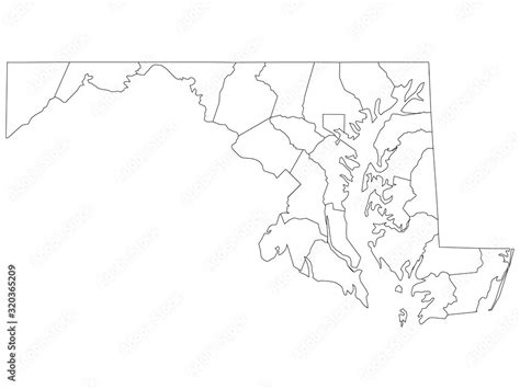 White Outline Counties Map of US State of Maryland Stock Vector | Adobe ...