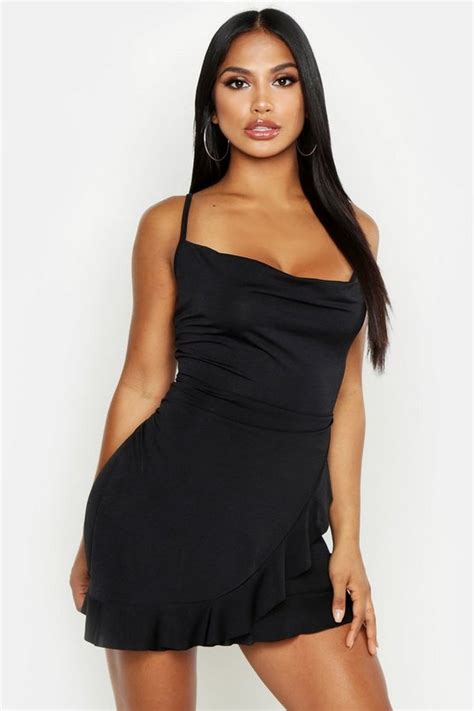 Cowl Neck Ruffle Bodycon Mini Dress Boohoo