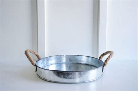 Round Galvanized Tray Rope Handles Rustic Farmhouse Decorative Metal Tray Round Tray