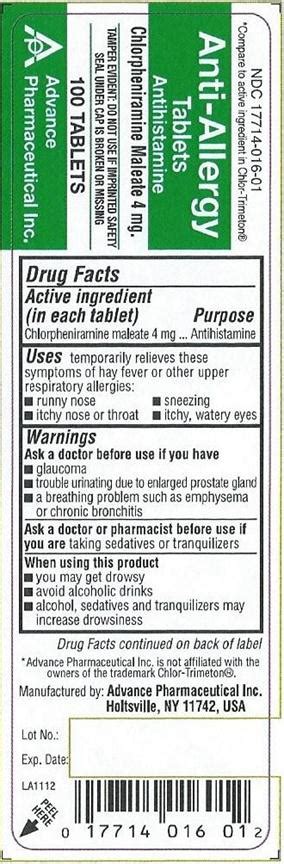 Anti Allergy Advance Pharmaceutical Inc Chlorpheniramine Maleate 4mg