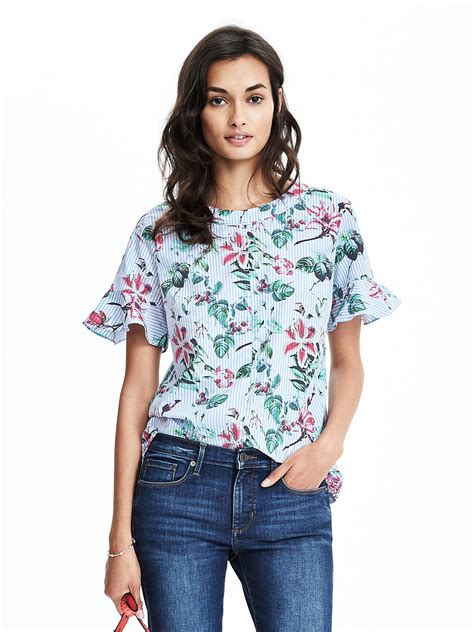 Flutter Sleeve Floral Print Top Banana Republic