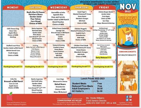 November Breakfast Lunch Menus Broaddus Isd