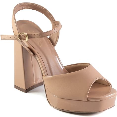 Sandália Salto Bloco Meia Pata Clássica Sapato Show Verniz Nude Sapato Show