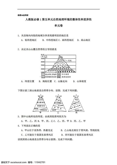 地理人教版必修1第05章自然环境的整体性与差异性同步单元测试卷素材图片下载 素材编号11042701 素材天下图库