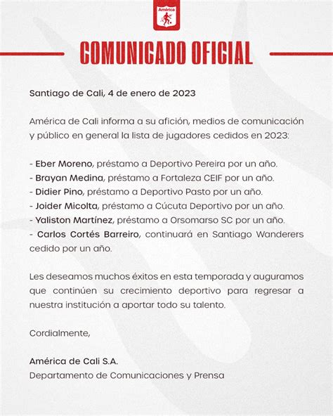 América De Cali On Twitter 📄 Comunicado Oficial Jugadores Cedidos