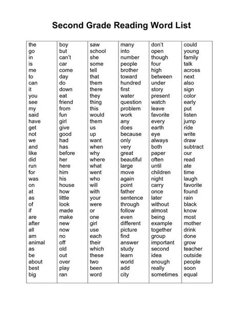 List Of Second Grade Words