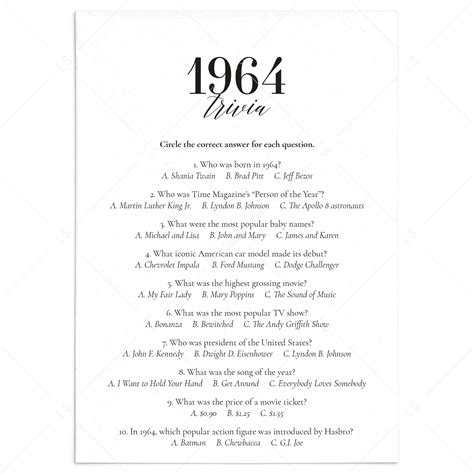 1964 Fun Facts Quiz With Answers Printable 1964 Pop Culture Trivia