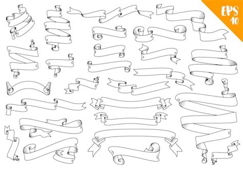 Hand Drawn Detailed Scroll Ribbons Set In Outline Contour Drawing Hd