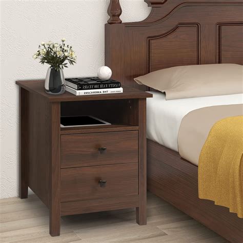 ENSTVER Wood Nightstands Set of 2, Wooden Night Stand with Drawers ...