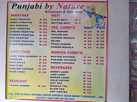 Menu at Punjabi by Nature restaurant, Johannesburg