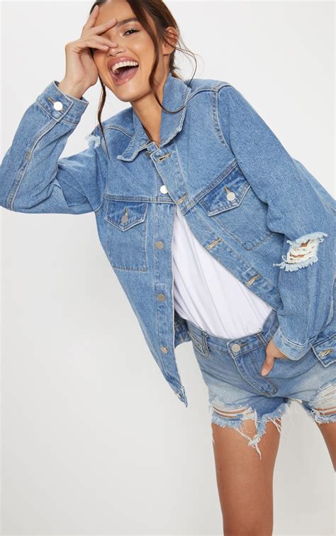 Veste En Jean Très Délavée Et Déchirée Denim Prettylittlething Fr