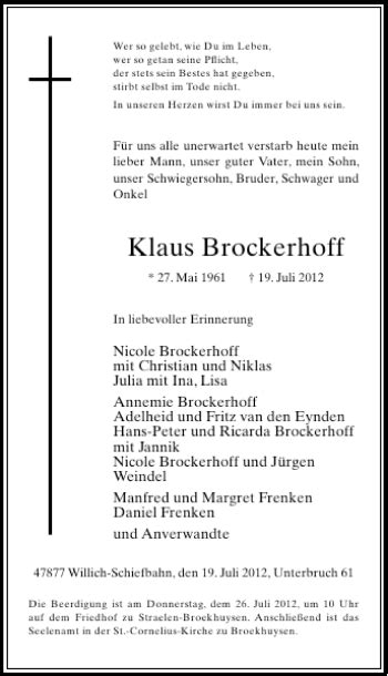 Alle Traueranzeigen für Klaus Brockerhoff trauer rp online de