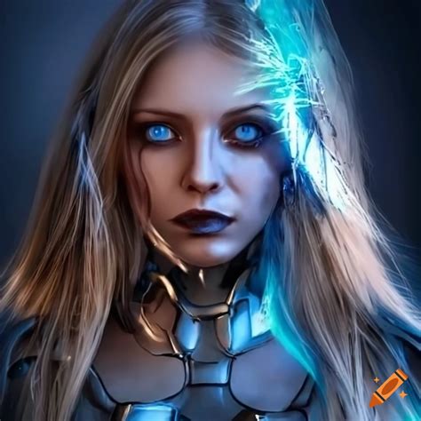 Blonde Woman With Blue Piercing Eyes Wearing Metal Armor On Craiyon