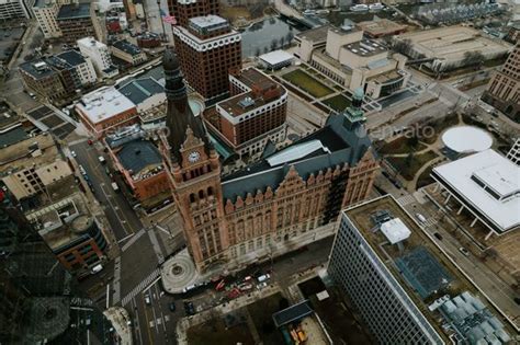 Birds Eye View Of A Downtown Area Showcasing A Skyline Of High Rise