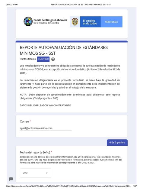 Reporte Autoevaluación De Estándares Mínimos Sg Sst 2021 Pdf