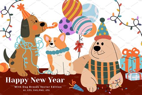 Happy New Year dogs vector set | Creative Market