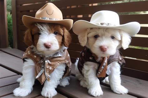 Dos Perros Con Sombreros De Vaquero Se Sientan En Un Banco Foto Premium