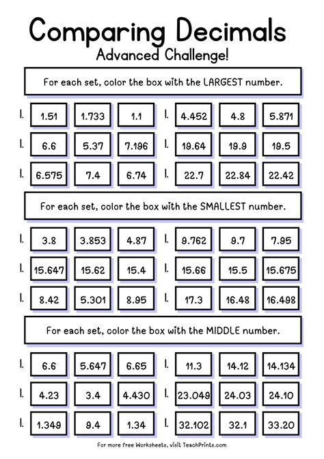 Free Comparing Decimals Worksheets - Teach Prints 