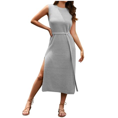 Posijego Womens Sleeveless Knit Bodycon Midi Dress Crew Neck Side