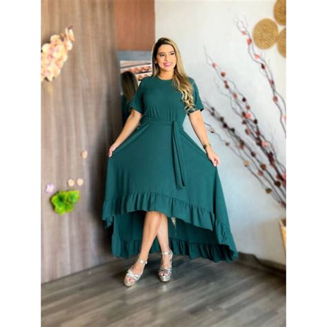 Vestido Feminino Em Crepe Moda Evangelica Mullet Midi Amarra Cintura