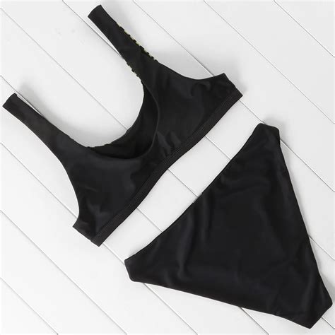 Maillot de bain OMKAGI Bikini brésilien taille haute imprimé feuilles noir Blanc