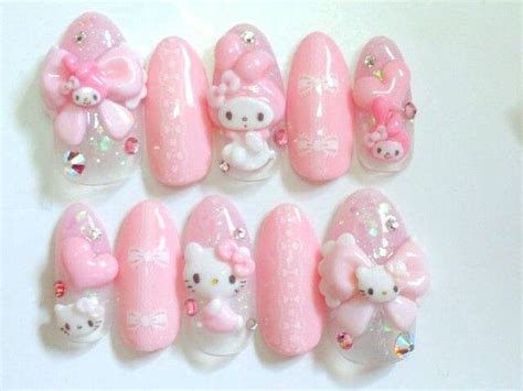 Japanese Nail Art My Melody And Hello Kitty By Ohimenail On Etsy Kawaii Nail Art Japanese