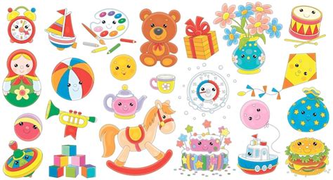 Premium Vector Set Of Cute Kawaii Baby Toys Colorful Ts And Sweets