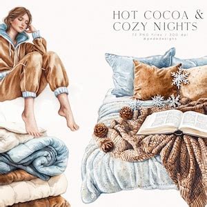 Hot Cocoa Cozy Nights Clipart Bundle Watercolor Winter Cozy Winter