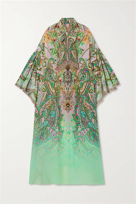 Buy Camilla Pussy Bow Embellished Printed Silk Kaftan Green At Off Editorialist