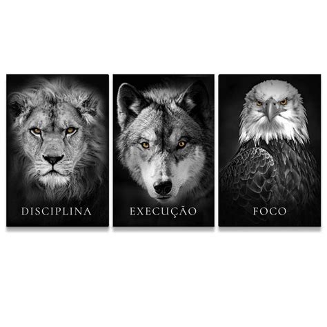 Quadro Decorativo Leão Lobo Águia Disciplina Execução Foco 120x60