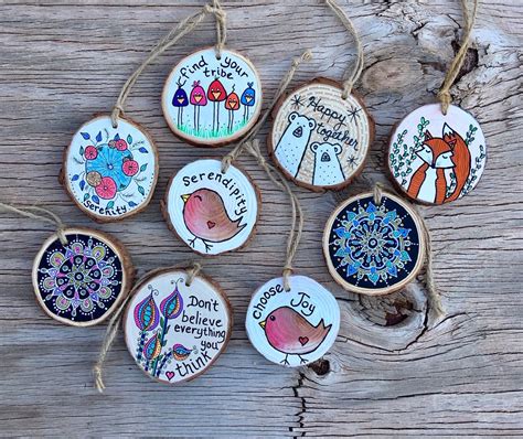 Hand Painted Rustic Wood Slice Ornaments Whimsical Encouraging